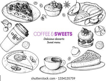 Coffee shop menu design. Hand drawn sketch illustration. Coffee, tea and desserts. Cafe menu elements. Desserts for breakfast.