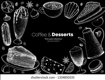 Coffee shop menu design. Hand drawn sketch illustration. Coffee, tea and desserts. Cafe menu elements. Desserts for breakfast.
