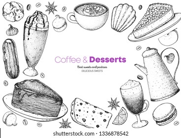 Coffee shop menu design. Hand drawn sketch illustration. Coffee, tea and desserts. Cafe menu elements. Desserts for breakfast. 