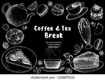 Coffee shop menu design. Hand drawn sketch illustration. Coffee, tea and desserts. Cafe menu elements. Desserts for breakfast. 