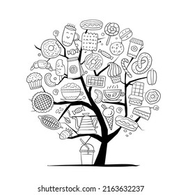Coffee shop menu elements. Art tree concept. Desserts and sweets. Hand drawn sketch for your design. Colouring page