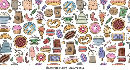 Coffee shop menu elements. Desserts and sweets. Hand drawn sketch. Seamless pattern background for your design