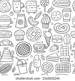 Coffee shop menu elements. Desserts and sweets. Hand drawn sketch. Seamless pattern background for your design