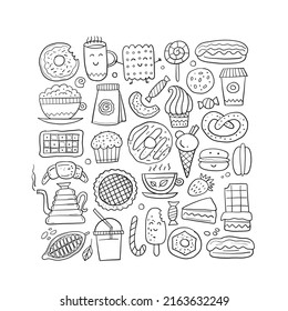 Menú de la cafetería. Postres y dulces. Esbozo dibujado a mano para tu diseño. página Colorante