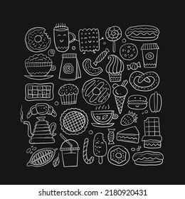 Coffee shop menu elements. Desserts and sweets. Hand drawn sketch for your design