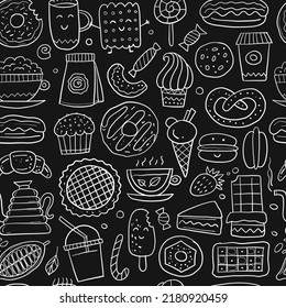 Coffee shop menu elements. Desserts and sweets. Hand drawn sketch. Seamless pattern background for your design