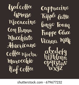 Coffee shop menu. Hand written coffee drink lettering vector elements. Abc letters for you text