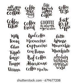 Coffee shop menu. Handwritten lettering vector elements. Quote about coffee. Abc letters for you text. Black hand written illustration isolated on white background