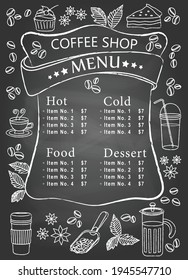 Coffee Shop Menu Handwritten on Chalkboard for Café flyer banner poster in portrait with different drinks desserts cake pie