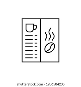 Coffee shop menu icon in flat black line style, isolated on white 