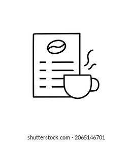 Coffee shop menu icon in flat black line style, isolated on white 