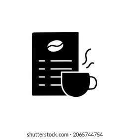 Coffee shop menu icon  in solid black flat shape glyph icon, isolated on white background 