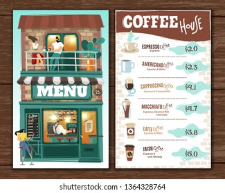 Coffee shop menu on wooden surface with a bright cover depicting the facade of the building and characters visitors in a modern style and with a working Barista at the bar. 