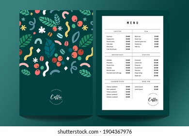 Coffee shop menu with price design template, cafe menu card template with cover. Pre-made printable layout. Beverage vector a4 flyer, modern minimalist design. Hand drawn illustration