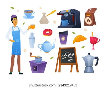 Coffee shop menu - set of flat design style elements isolated on white background. Images of cup, kettle, grinder, barista, donut, croissant, sugar bowl and thermos. Lunch and food to go idea