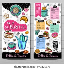 Coffee shop menu template, cafe menu design elements, sketch style. Coffee, desserts, tea, breakfast, cakes, croissant, coffee cup, food. Hand drawn vector.