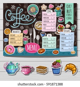 Coffee shop menu template, cafe menu design elements, sketch style. Coffee, desserts, tea, breakfast, cakes, croissant, coffee cup. Lettering, food, logo. Hand drawn vector.