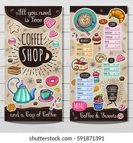 Coffee shop menu template, cafe menu design elements, sketch style. Coffee, desserts, tea, breakfast, cakes, croissant, coffee cup. Lettering, food, logo. Hand drawn vector.