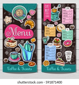 Coffee shop menu template, cafe menu design elements, sketch style. Coffee, desserts, tea, breakfast, cakes, croissant, coffee cup, food. Hand drawn vector.