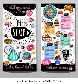 Coffee shop menu template, cafe menu design elements, sketch style. Coffee, desserts, tea, breakfast, cakes, croissant, coffee cup. Lettering, food, logo. Hand drawn vector.