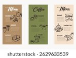 Coffee shop menu template, line art illustrations