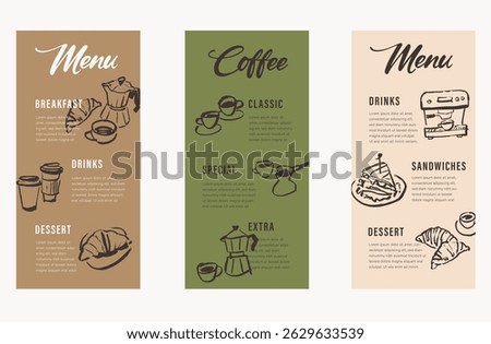 Coffee shop menu template, line art illustrations