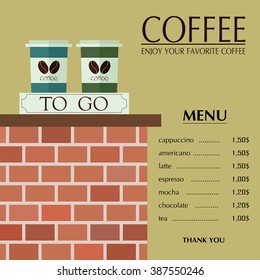 Coffee shop menu template. Paper cups to go.