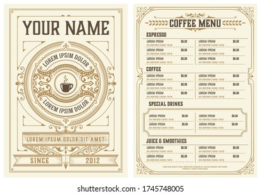 Coffee Shop Menu template. Vintage style