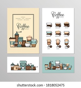 Coffee shop menu. Types of coffee.  Infographic and banner. Flat style, vector illustration. 