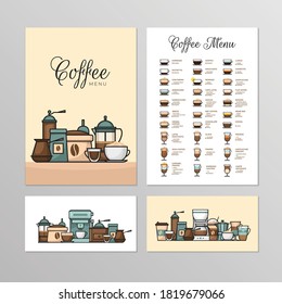 Coffee shop menu. Types of coffee.  Infographic and banner. Flat style, vector illustration. 