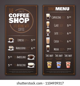 Coffee shop menu vector design template. Cafe shop banner with drink illustration