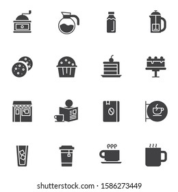 Coffee shop menu vector icons set, modern solid symbol collection, filled style pictogram pack. Signs, logo illustration. Set includes icons as ground coffee, dessert cupcake, menu book, cookie