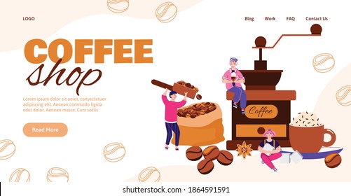 Coffee shop miniature workers and customers landing page for internet website. Small people characters and big elements of cafe, flat cartoon vector illustration