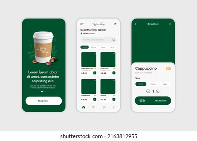 Coffee Shop Mobile Apps UI, UX, compras, detalles de productos. Plantilla vectorial de interfaz de café móvil.