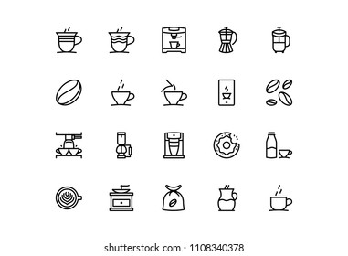 Coffee shop modern fine line icon set on white background
