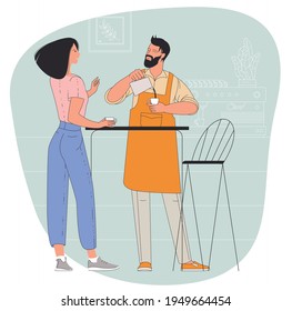Coffee shop. Modern flat vector concept illustration of a young man barista pouring whipped milk into the coffee mug.