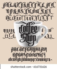 Coffee Shop - modern gothic style font with white cup. Gothic letters with alternate decoration elements. Vector alphabet