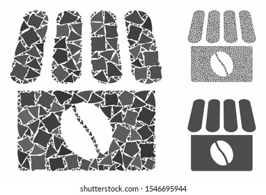 Coffee shop mosaic of abrupt pieces in variable sizes and color hues, based on coffee shop icon. Vector bumpy pieces are organized into mosaic. Coffee shop icons collage with dotted pattern.