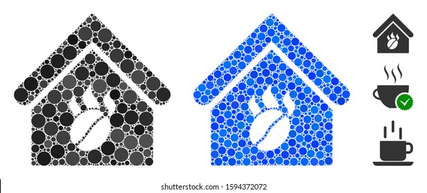 Coffee shop mosaic of small circles in variable sizes and color tinges, based on coffee shop icon. Vector small circles are organized into blue mosaic.