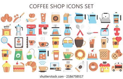 coffee shop multi color icon set, hot cup, green tea, shop, ice, cocktail, coffee maker, french press, mill, pot, machine, beans, paper. use for UI or UX kit. vector eps 10 ready convert to SVG. svg