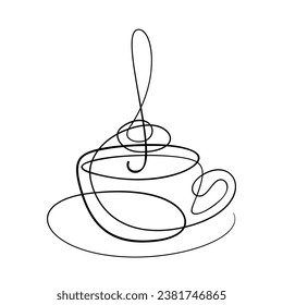 Coffee shop or music cafe design element, Hot drink with steam in treble clef sign shape, Coffee cup or teacup on saucer continuous one line drawing, Vector minimalist illustration made of single line