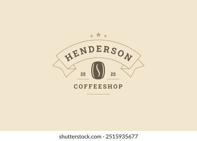 Coffee shop natural bean with golden ribbon retro logo design template vector flat illustration. Traditional morning hot caffeine aroma beverage creative minimal old style logotype for cafe