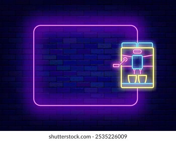 Coffee shop neon banner. Coffee machine. Barista drink. Empty purple frame. Vector stock illustration