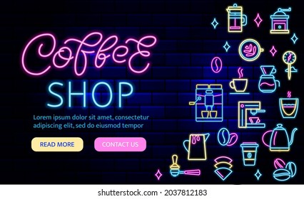 Coffee shop neon banner for web site. Bright flyer. Espresso coffee machine neon light icon. Barista professional device. Editable stroke. Vector stock illustration