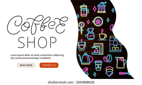 Coffee shop neon banner for web site. Bright flyer. Espresso coffee machine neon light icon. Barista professional device. Editable stroke. Vector stock illustration
