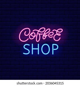 Coffee shop neon brush lettering. Night bright signboard. Outer glowing effect banner. Club or bar concept on brick wall background. Editable stroke. Isolated vector stock illustration