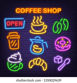 coffee shop neon icons, vector neon glow on dark background