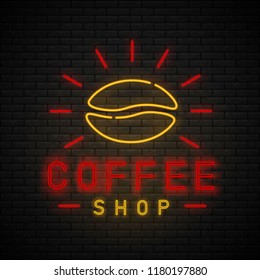 Coffee Shop Neon Light Glowing Sign Logo Vector. Cafe neon sign on brick wall. Coffee time