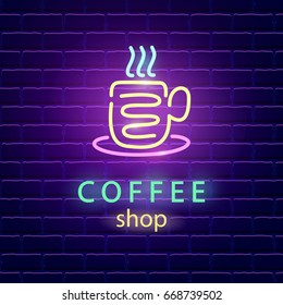 Coffee shop neon logo. Bright emblem sign on dark brick wall background. Light banner signboard. Electric label design template. Vector design element
