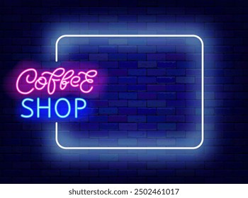 Coffee shop neon poster. Barista drink. Empty white frame with lettering logotype. Copy space. Glowing poster. Editable stroke. Vector illustration